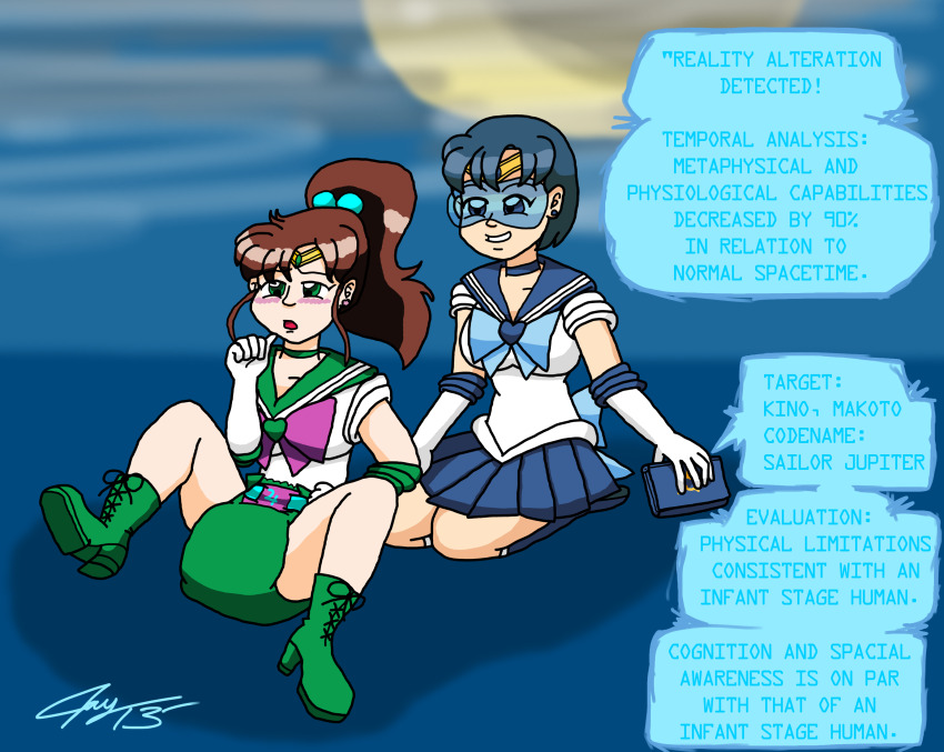 absurdres age_regression blue_hair blush bow brown_hair calineproductions crown diaper electricity femdom femsub gloves goggles jewelry magical_girl opera_gloves ponytail sailor_jupiter sailor_mercury sailor_moon_(series) skirt tech_control text thumb_sucking