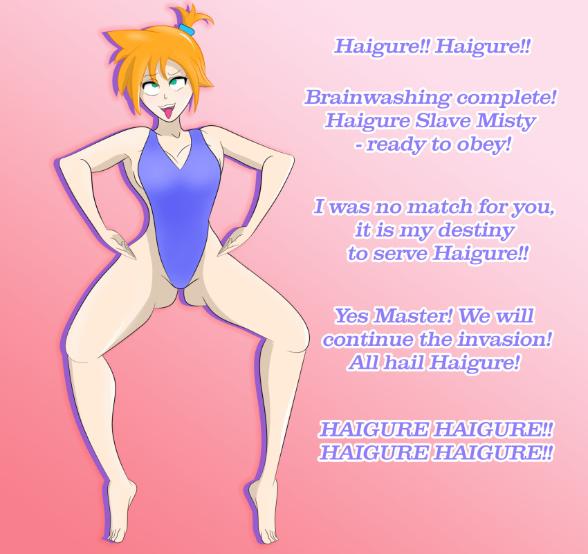 cleavage female_only femsub haigure happy_trance misty nintendo onemind open_mouth orange_hair pokemon pokemon_red_green_blue_and_yellow short_hair smile solo spread_legs squatting text tongue tongue_out