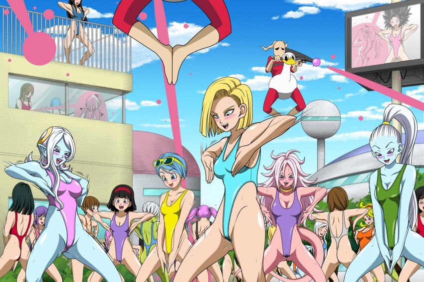 android_18 android_21 ass bare_legs black_hair blue_hair blue_skin blush body_control brown_hair bulma_briefs caulifla cheelai collarbone dragon_ball dragon_ball_fighterz dragon_ball_super dragon_ball_z femsub green_skin haigure hair_band happy_trance launch long_hair mass_hypnosis multiple_girls multiple_subs necklace one-piece_swimsuit open_mouth outdoors pink_hair pink_skin ponytail purple_hair short_hair smile squatting standing sunglasses swimsuit tongue tongue_out towa_(dragonball) twintails vados very_long_hair videl white_hair z
