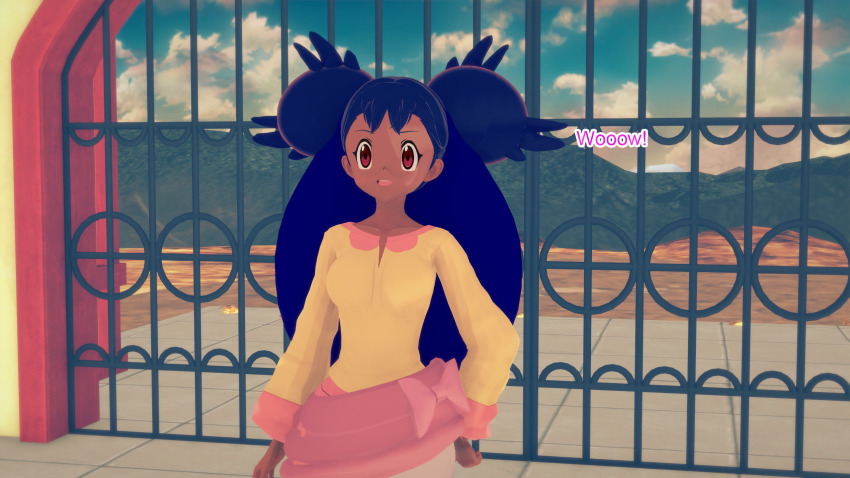 black_hair clothed crossed_arms dialogue english_text female_only iris mustardsauce outdoors pokemon pokemon_(anime) red_eyes solo text