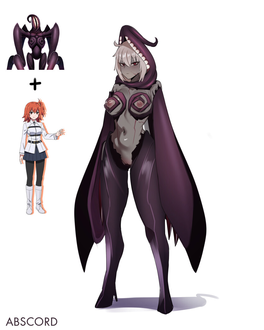abscord absurdres before_and_after body_markings clothed corruption empty_eyes expressionless eye_color_change fate/grand_order fate_(series) femsub grey_skin hair_color_change high_heels lahmu looking_at_viewer monster_girl nipples orange_hair red_eyes ritsuka_fujimaru_(female) simple_background standing transformation white_background yellow_eyes