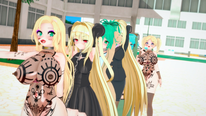 3d 42k_en angry arms_above_head barcode blonde_hair blue_eyes blue_hair blush body_markings body_paint breasts chains choker clothed collar cyan_hair dead_source dress earrings face_paint female_only femdom femsub fishnets gloves golden_darkness green_eyes green_hair high_heels huge_breasts koikatsu! leotard lipstick long_hair makeup multiple_girls multiple_subs ponytail qos red_eyes see-through short_hair sinon_(sword_art_online) sword_art_online tattoo tearju_lunatique thick_thighs thighhighs to_love_ru to_love_ru_darkness trapped twintails