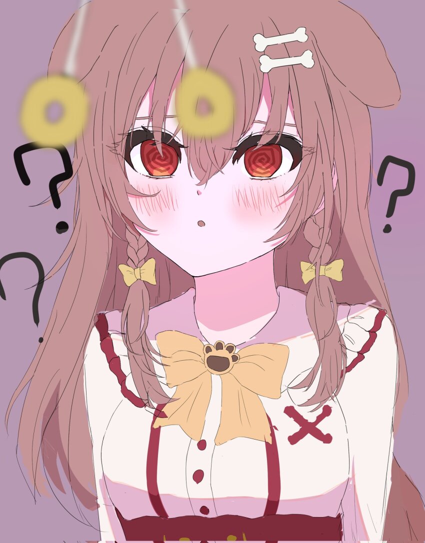 animal_ears bare_shoulders blush bow bow_tie braid breasts brown_hair coin confused dog_girl female_only femsub hair_clips hair_ribbon hololive korone_inugami long_hair open_mouth orange_eyes pendulum solo spiral_eyes ukrroi virtual_youtuber