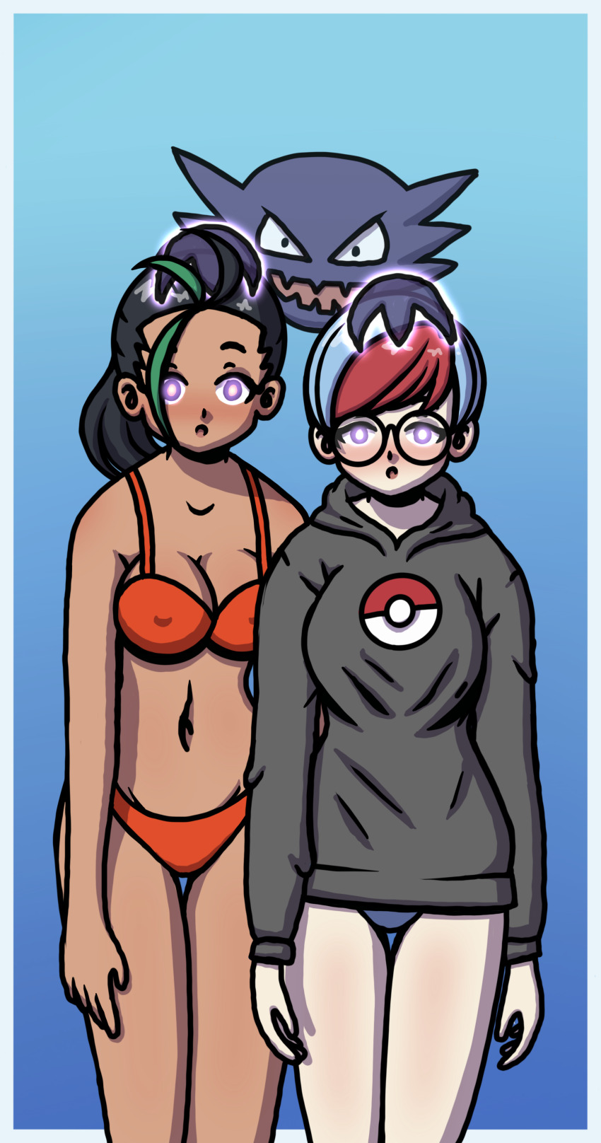 androgynous_dom bare_legs black_hair blue_hair blush bra breasts cleavage dark_skin expressionless female_only femsub ghost glasses glowing glowing_eyes hand_on_head haunter hoodie httpwwwcom large_breasts looking_at_viewer multicolored_hair multiple_girls multiple_subs navel nemona_(pokemon) nintendo pale_skin panties penny_(pokemon) pink_eyes pokemon pokemon_(creature) pokemon_scarlet_and_violet ponytail red_hair short_hair simple_background slouching underwear