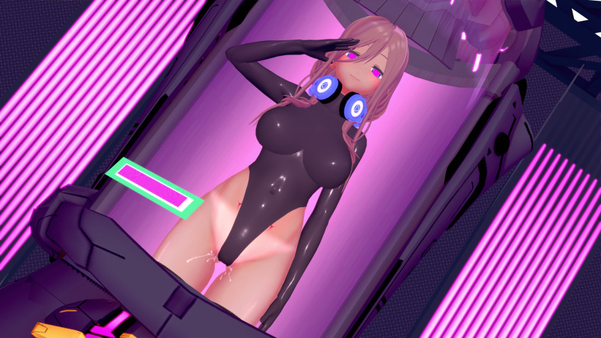 3d arms_above_head breasts brown_hair cables corruption crotch_tattoo empty_eyes enemy_conversion female_only femsub glowing headphones high_heels koikatsu! large_breasts latex leotard miku_nakano moppukyunu navel pink_eyes pussy_juice restrained rubber saluting solo tan_lines tan_skin tattoo tech_control the_quintessential_quintuplets thigh_boots thighhighs