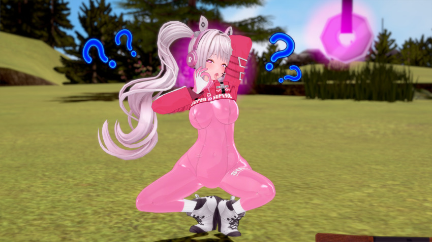 3d alice_(nikke) bodysuit breasts clothed coin confused female_only femsub gloves glowing glowing_eyes headphones heart heart_eyes koikatsu! kota large_breasts makisudesu_(modeler) nikke_(series) pendulum pink_eyes sexually_suggestive shoes squatting symbol_in_eyes tight_clothing twintails very_long_hair white_hair