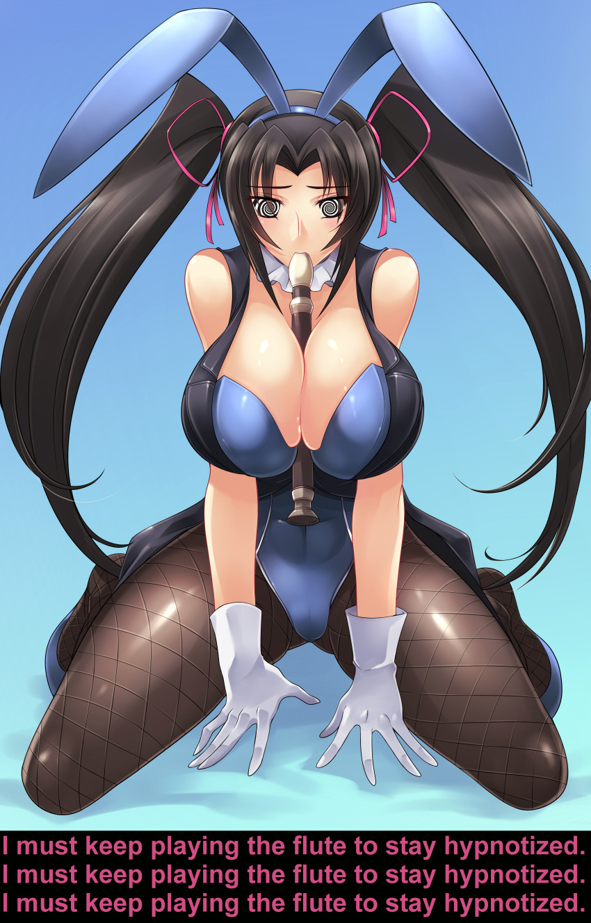 absurdres bare_shoulders black_hair blush breasts bunny_ears bunnysuit cleavage fake_animal_ears female_only femsub fishnets flute gloves haganef high_school_dxd hypnotic_audio hypnotic_music icontrol_(manipper) instrument kneeling large_breasts long_hair manip pantyhose self_hypnosis serafall_leviathan solo spiral_eyes symbol_in_eyes text twintails