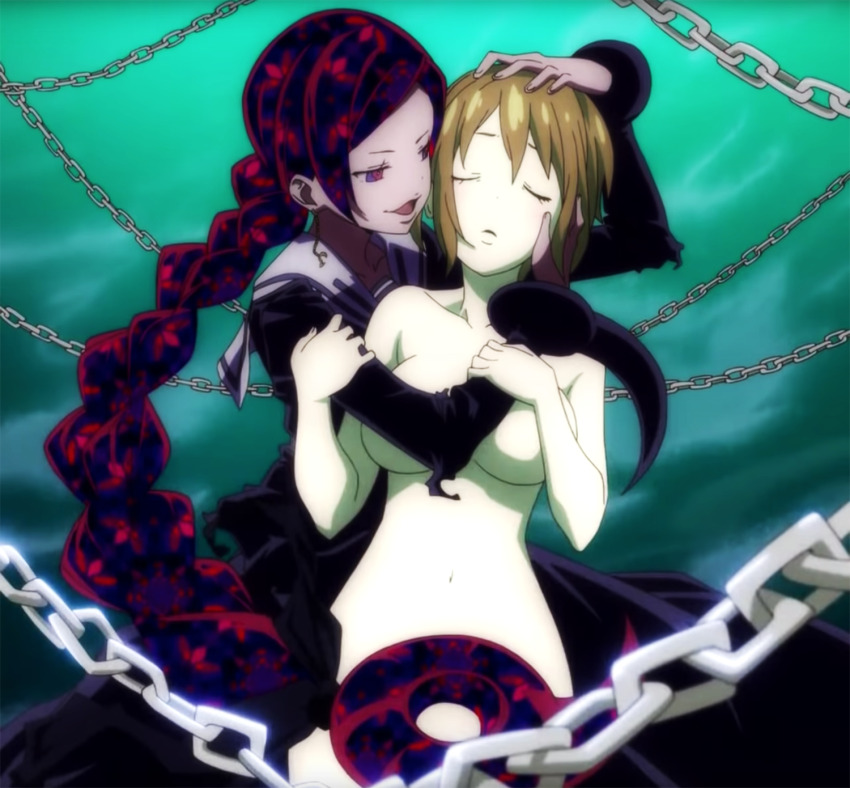 bottomless breasts chains closed_eyes femdom femsub hand_on_another's_cheek large_breasts long_hair meme_tatane nude petting shaula_gorgon soul_eater soul_eater_not! topless yuri