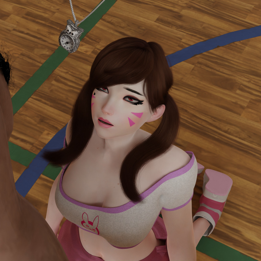 3d age_difference alternate_costume bare_shoulders brown_hair cleavage clock clothed collarbone crop_top d.va dazed defeated esccc face_paint kneeling large_breasts long_hair midriff necklace no_bra overwatch pendulum shirt shoes shorts t-shirt tattoo tomboy twintails unaware