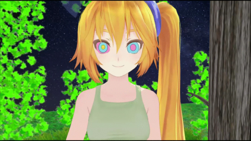 3d animated animated_eyes_only animated_gif bare_shoulders blonde_hair breasts clothed female_only femsub happy_trance helenahunter kaa_eyes large_breasts looking_at_viewer miku_hypno neru_akita side_ponytail smile solo spiral_eyes symbol_in_eyes vocaloid