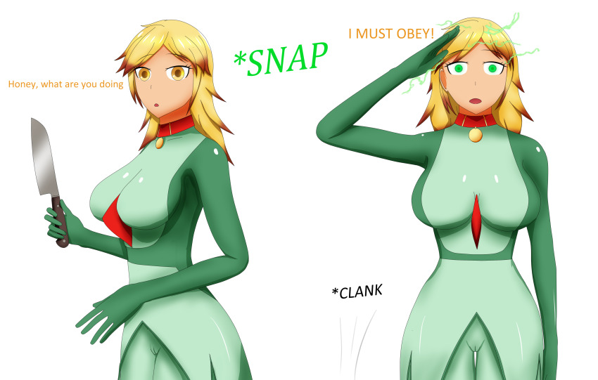 amy_(asaola) before_and_after blonde_hair bodysuit cameltoe collar cosplay electricity femsub finger_snap gardevoir glowing glowing_eyes green_eyes knife saluting shrunken_irises soex tagme text trigger white_background yellow_eyes
