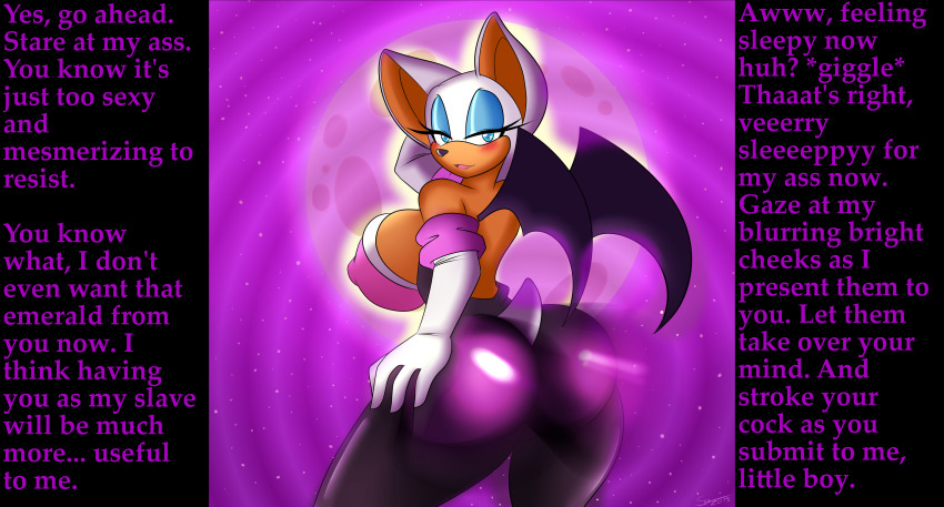 absurdres ass ass_focus bat_girl bat_wings breasts caption female_only femdom furry huge_breasts hypnotic_ass large_ass leggings looking_at_viewer looking_back manip pov pov_sub rouge_the_bat sleep_command solo sonic_the_hedgehog_(series) text waverun_(manipper)