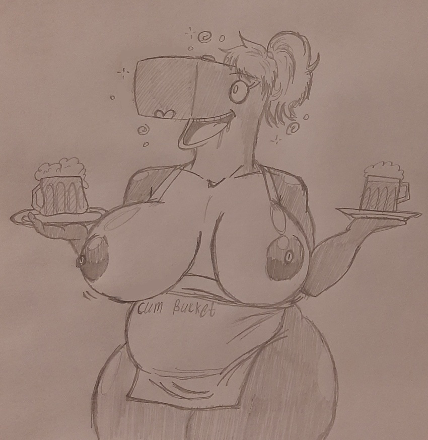apron beer bottomless breasts_outside female_only femsub furry ghostec greyscale huge_ass huge_breasts huge_nipples naked_apron nude pearl_krabs ponytail shrunken_irises solo spongebob_squarepants_(series) standing topless traditional tray waitress whale_girl wide_hips
