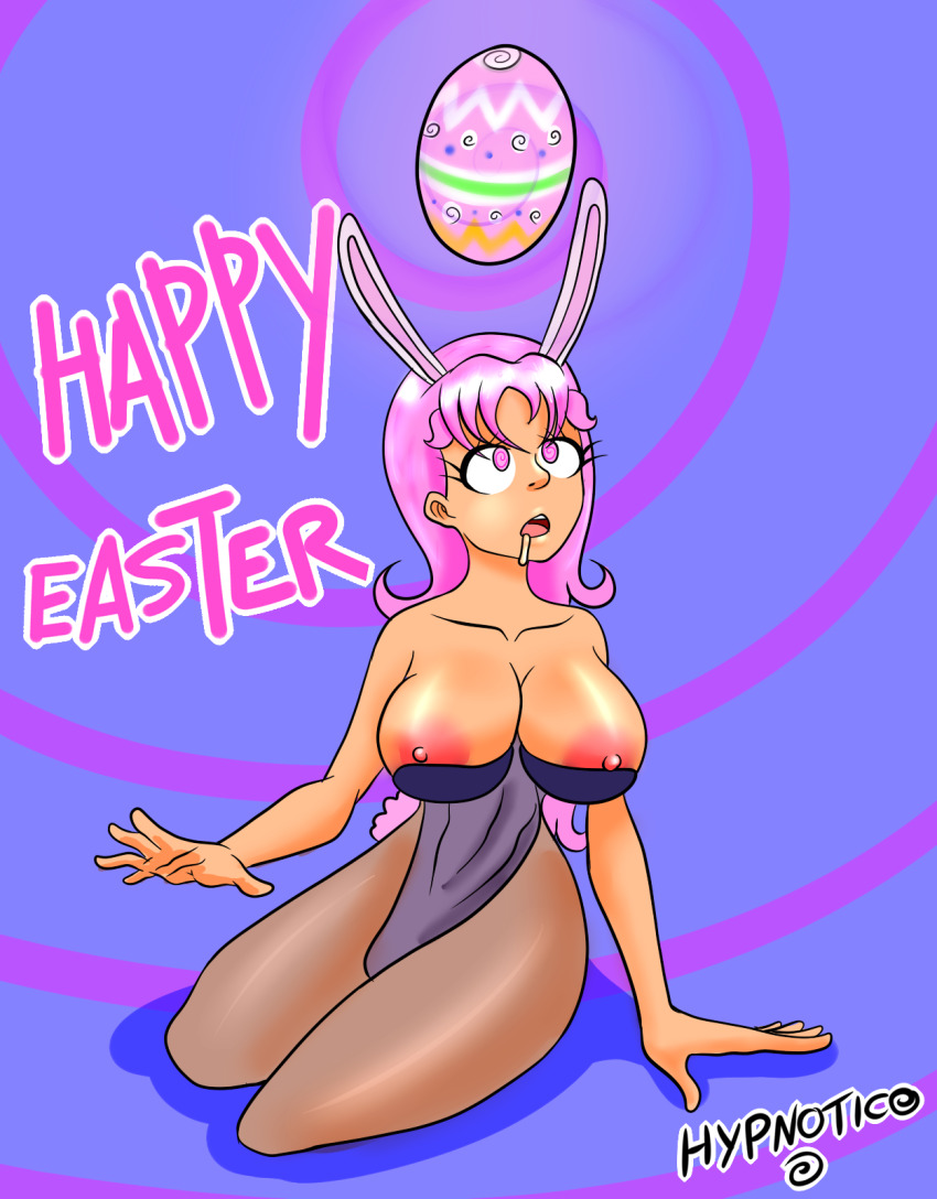 aiko_hajime_shin breasts bunny_ears bunny_girl bunnysuit cleavage collarbone drool easter expressionless fake_animal_ears fake_tail femsub hypnotico kneeling large_breasts nipples open_mouth original pink_eyes pink_hair signature simple_background spiral spiral_background spiral_eyes tail text topless