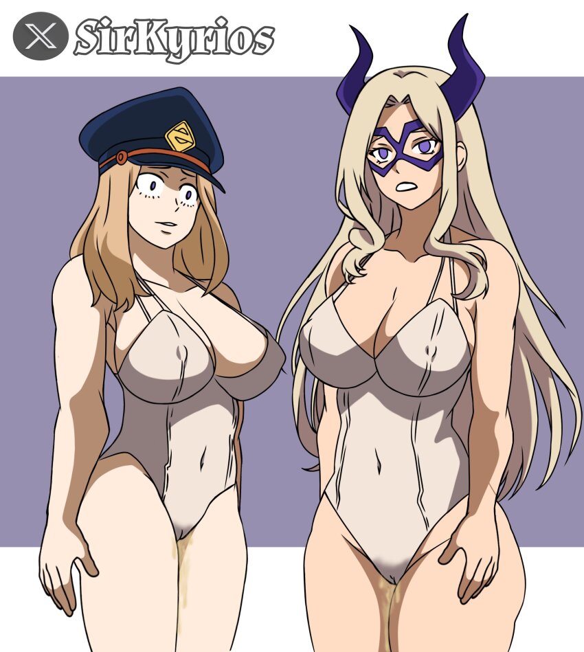 alternate_costume bare_legs blonde_hair cameltoe camie_utsushimi cleavage collarbone empty_eyes expressionless female_only femsub hat hitoshi_shinso horns large_breasts long_hair mask multiple_girls multiple_subs my_hero_academia purple_eyes pussy_juice shrunken_irises signature simple_background sirkyrios_(artist) standing standing_at_attention tagme very_long_hair yu_takeyama