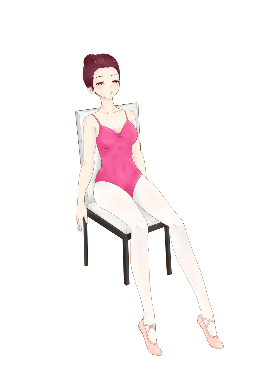 absurdres ballerina brown_hair chair femsub hair_buns leotard pantyhose simple_background sitting
