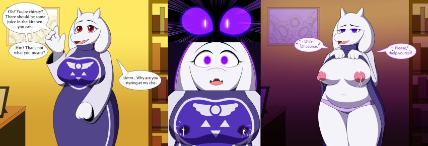 absurdres breasts comic dr._chaos erect_nipples female_only femsub furry glowing glowing_eyes goat_girl happy_trance horns lactation large_breasts milf milk monster_girl nipples open_mouth smile text topless toriel_dreemurr undertale