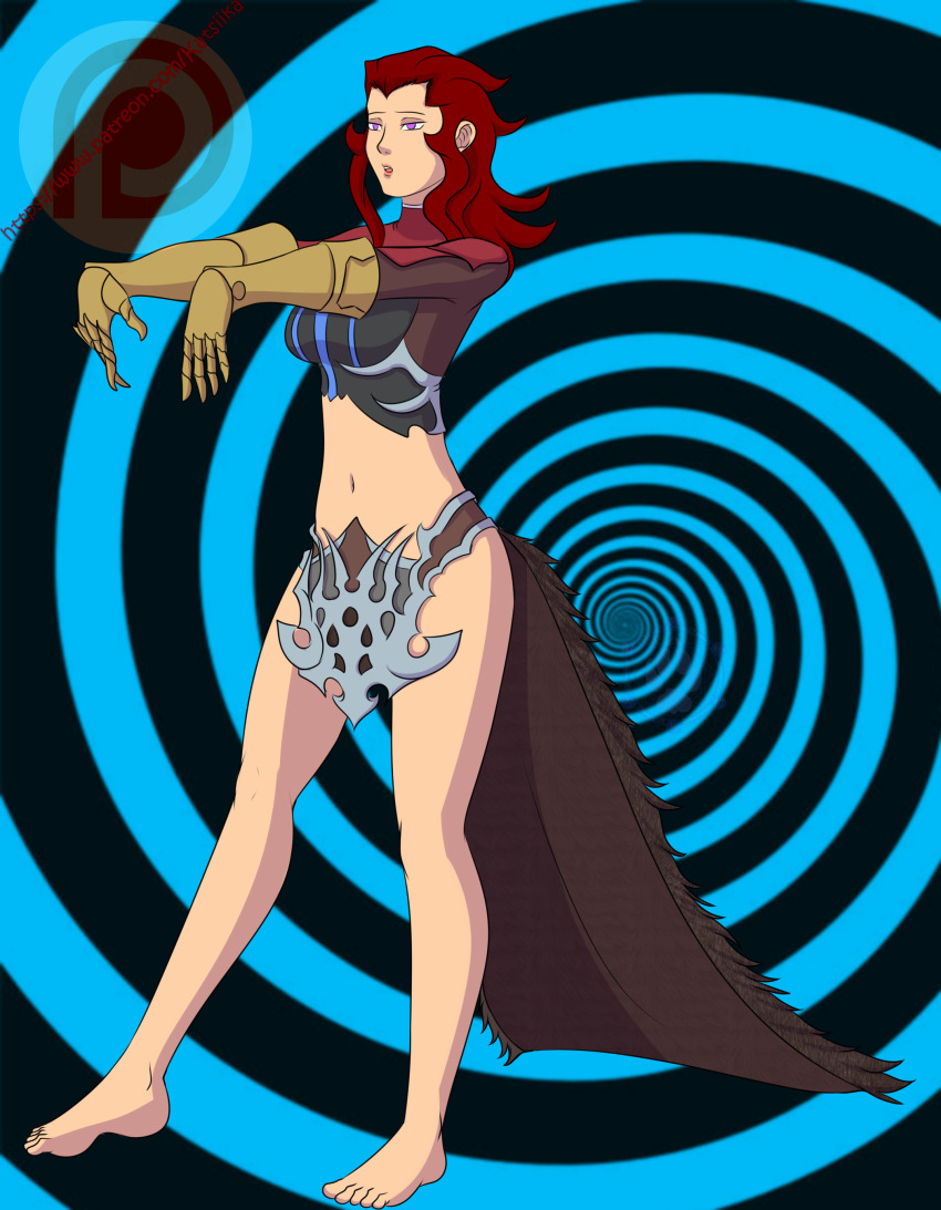 armor bare_legs barefoot breasts cape claws clothed dirge_of_cerberus_final_fantasy_vii dress expressionless feet female_only femsub final_fantasy final_fantasy_vii gauntlets gloves katsiika light_skin midriff navel red_dress red_eyes red_hair rosso_the_crimson short_hair signature solo spiral spiral_background square_enix watermark zombie_walk