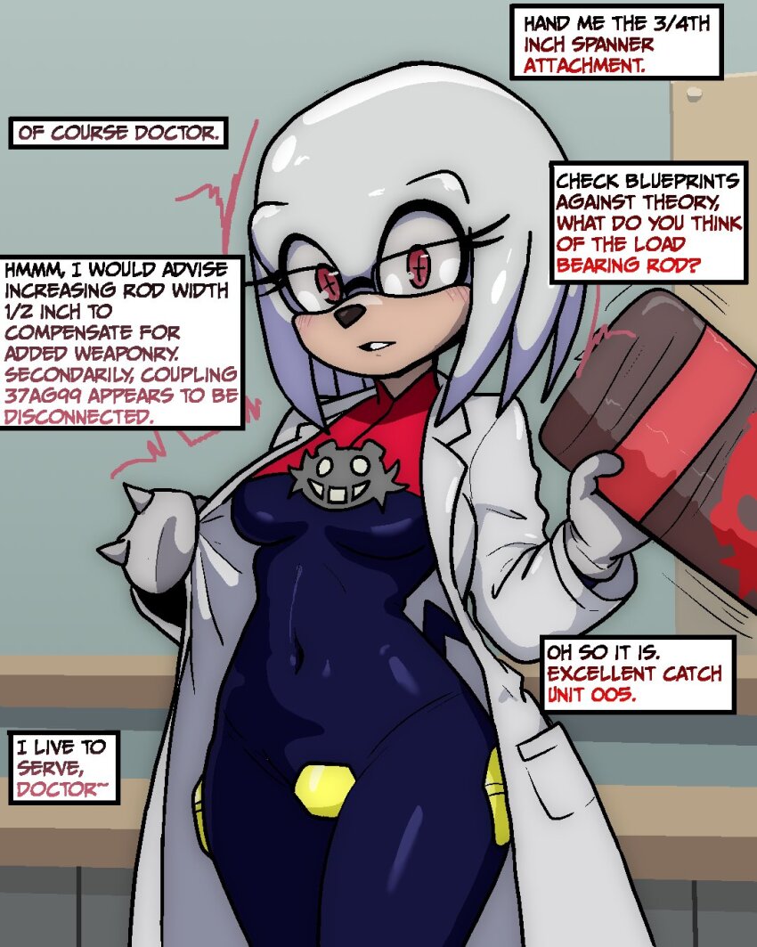 absurdres altered_common_sense alternate_costume bad_end blush bodysuit broth_nsfw clothed dialogue echidna_girl empty_eyes eyelashes eyeshadow female_only femsub furry gloves happy_trance knuckles_the_echidna lab_coat latex looking_at_viewer open_mouth rubber seductive_smile smile solo sonic_the_hedgehog_(series) standing symbol_in_eyes tech_control text transgender white_hair