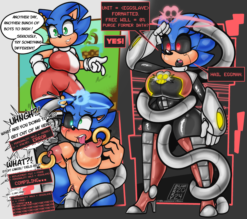 absurdres before_and_after black_lipstick black_sclera blue_hair blue_skin blueberrygrizzly blush bodysuit brain_injection comic control_indicator crossed_eyes dialogue enemy_conversion erect_nipples expressionless female_only femsub furry gauntlets genderswap gloves green_eyes hand_on_hip hedgehog_girl high_heels large_breasts latex lipstick makeup nipple_piercing nipples nude open_mouth outdoors pussy red_eyes resisting robotization saluting short_hair signature smile sonic_the_hedgehog sonic_the_hedgehog_(series) speech_bubble stomach_bulge tagme tentacle_sex tentacles text thigh_boots thighhighs tongue tongue_out transformation unfocused_eyes vaginal