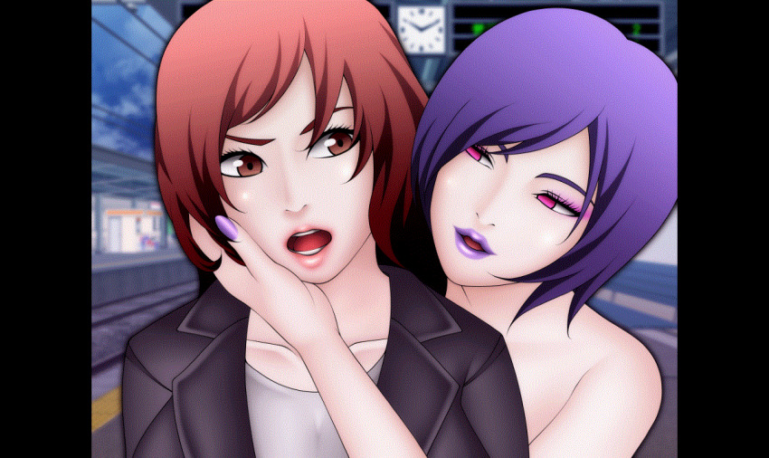 animated animated_gif blush breasts brown_hair drool empty_eyes femdom femsub glowing hand_on_another's_cheek happy_trance heart hypnotic_kiss kissing lipstick_mark miura_hiromichi open_mouth original pink_eyes purple_hair purple_lipstick red_hair short_hair topless yuri