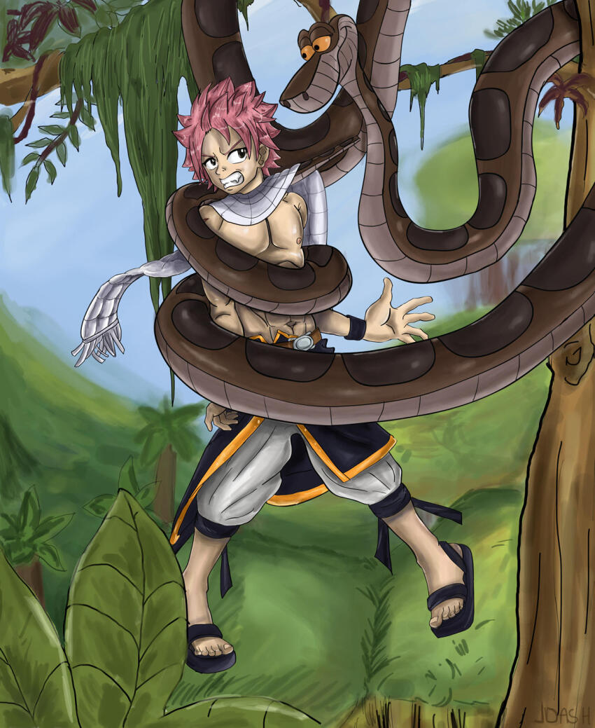 bondage coils disney fairy_tail hanging_down jdashe kaa male_only maledom malesub muscle_boy natsu_dragneel pink_hair resisting short_hair snake the_jungle_book topless
