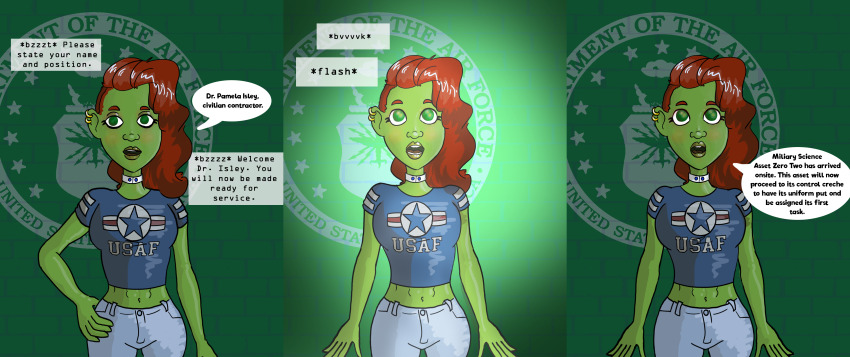 avabluecat before_and_after dc_comics expressionless female_only femsub green_skin midriff plant_girl poison_ivy red_hair standing standing_at_attention tagme
