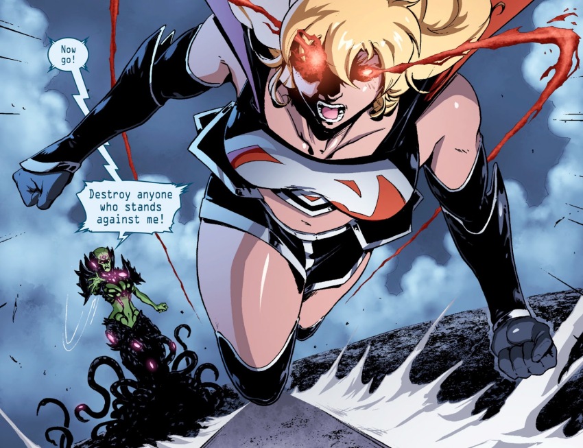 alternate_costume blonde_hair boots brainiac breasts cape comic corruption dc_comics dialogue female_only femdom femsub gloves green_skin knee-high_boots large_breasts long_hair multiple_girls official open_mouth opera_gloves randy_mayor santi_casas super_hero supergirl superman_(series) tech_control tentacles text western