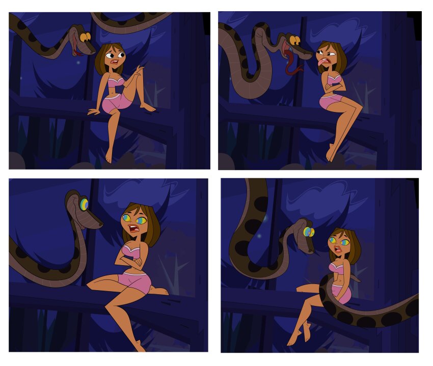 anti_noty brown_hair comic courtney_(total_drama) disney femsub forest hourglass_figure hypnotic_eyes kaa kaa_eyes maledom night pajamas short_hair snake the_jungle_book tongue_out total_drama underwear