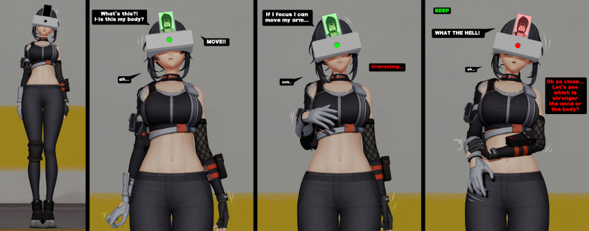 3d abs absurdres arm_warmers aware black_hair body_control clothed collarbone comic crop_top dialogue drool expressionless femsub fishnets gloves grace_howard large_breasts midriff open_mouth pants ponytail red_eyes resisting shazra simple_background speech_bubble standing standing_at_attention tagme tech_control text visor zenless_zone_zero zipper