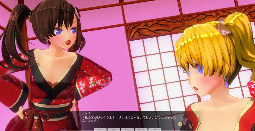 3d blonde_hair blue_eyes breasts brown_hair curly_hair dialogue female_only femsub kamen_writer_mc large_breasts mc_trap_town multiple_girls screenshot spiral_eyes symbol_in_eyes text twintails