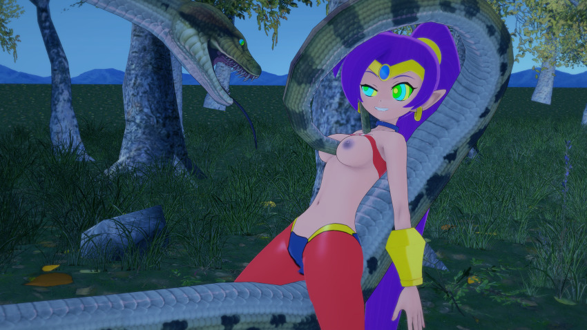 3d absurdres bare_shoulders bracelet breasts choker circlet coils disney earrings elf_ears exposed_chest forest forked_tongue genie hair_ornament hypnotic_eyes kaa kaa_eyes koikatsu! long_tongue navel night nipples open_mouth outdoors ponytail purple_hair resisting shantae shantae_(series) shirt_lift smile snake thatguysly the_jungle_book topless very_long_hair