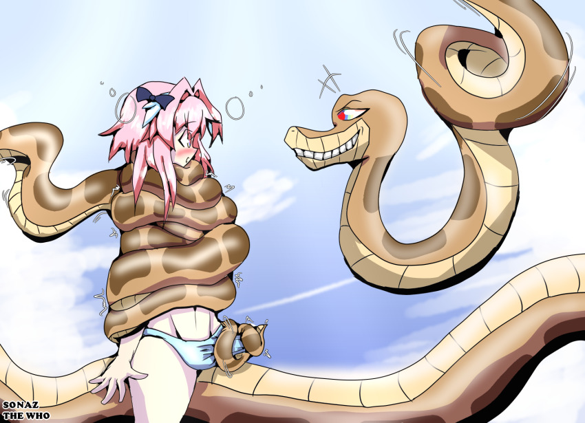 androgynous astolfo_(fate/grand_order) bare_legs blush bow bulge coils disney erection erection_under_clothes fate/grand_order fate_(series) femboy glowing_eyes hypnotic_eyes kaa kaa_eyes male_only malesub navel open_mouth panties pink_hair prehensile_tail red_eyes restrained short_hair smile snake sonazthewho tailjob the_jungle_book trembling underwear