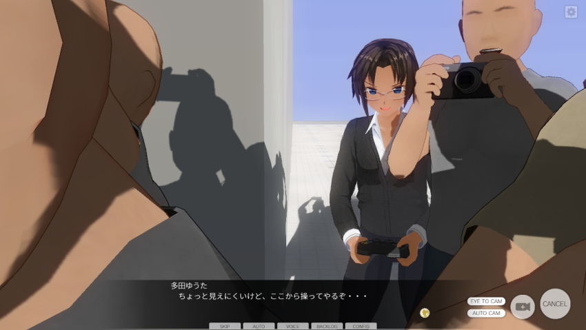 3d animal_ears antenna aware blue_eyes blush body_control bottomless brown_hair business_suit collar comic cosplay dialogue fake_animal_ears femsub glasses gloves hitori hypnotic_accessory original remote_control tech_control text thighhighs topless unhappy_trance white_hair