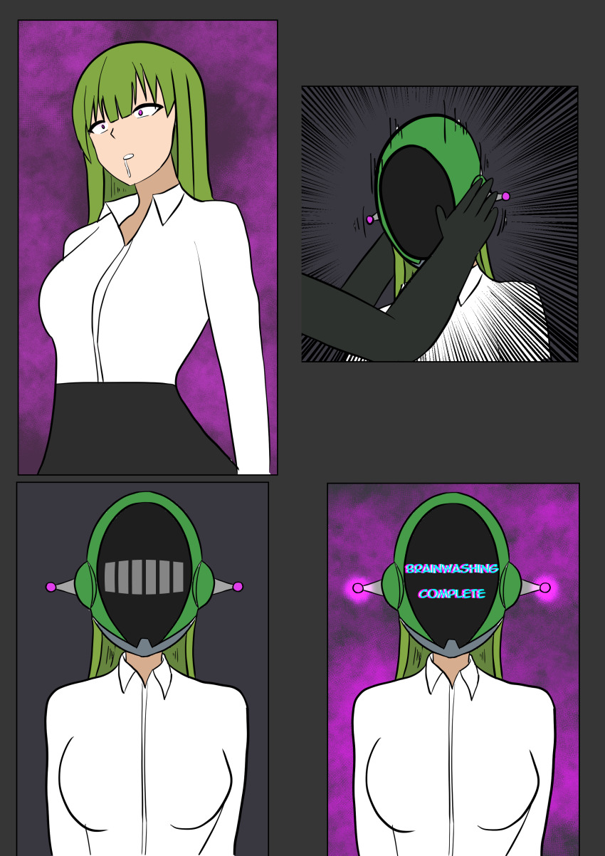 absurdres ahoge before_and_after clefla comic dazed dialogue femdom femsub green_hair hard_translated hypnotized_dom hypnotized_hypnotist long_hair long_skirt office_lady olivia_(clefla) original shirt simple_background skirt standing_at_attention tagme tech_control text translated