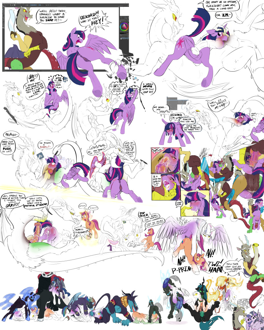 animals_only comic corruption cum cum_in_mouth cum_on_face daybreaker dialogue discord drool femdom femsub futanari glowing_eyes horse kneeling maledom mind_break my_little_pony nightmare_moon open_mouth penis queen queen_chrysalis shattered_will_(art_pack) speech_bubble sunny_starscout tagme text thought_bubble transformation twilight_sparkle unicorn_girl wings