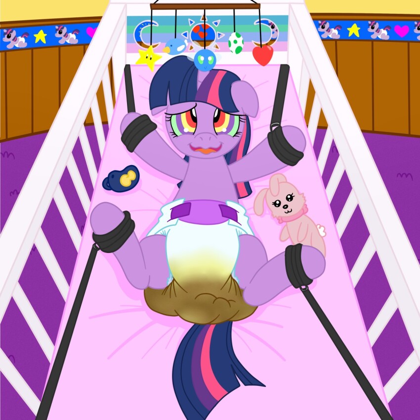 age_regression animals_only diaper femsub happy_trance hodgepodgedl horns horse_girl lying multicolored_eyes my_little_pony pacifier ring_eyes scat twilight_sparkle unicorn_girl