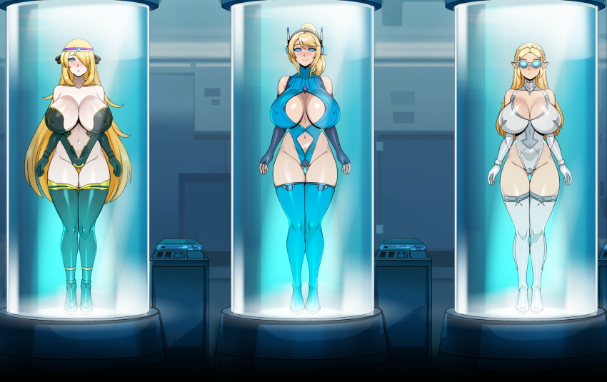 absurdres antenna blonde_hair bodysuit breasts breath_of_the_wild cleavage cleavage_cutout complex_background cynthia elf_ears empty_eyes erect_nipples_under_clothes expressionless female_only femsub fingerless_gloves gloves goggles grey_eyes hair_covering_one_eye happy_trance headphones large_breasts long_hair metroid_(series) multiple_girls multiple_subs navel nintendo pokemon pokemon_diamond_pearl_and_platinum ponytail princess princess_zelda samus_aran shinzu spiral_eyes standing standing_at_attention stasis_tank symbol_in_eyes tech_control the_legend_of_zelda thighhighs very_long_hair