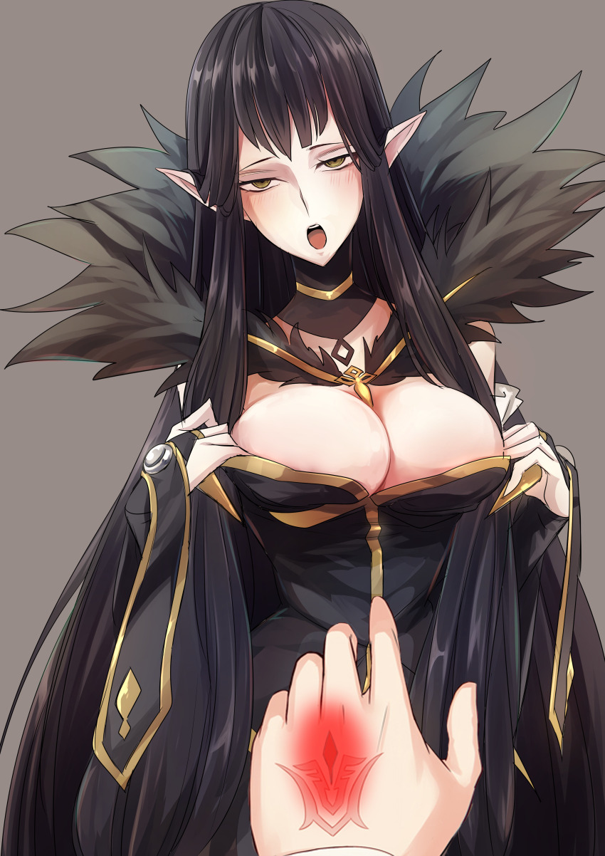 absurdres bare_shoulders black_hair breasts bridal_gauntlets butano_(star-dust_boxxx) cleavage dazed dress elf_ears empty_eyes eye_roll fate/apocrypha fate/grand_order fate_(series) femsub hime_cut large_breasts lillytank_(manipper) long_hair magic manip open_mouth pov pov_dom semiramis_(fate) standing undressing yellow_eyes