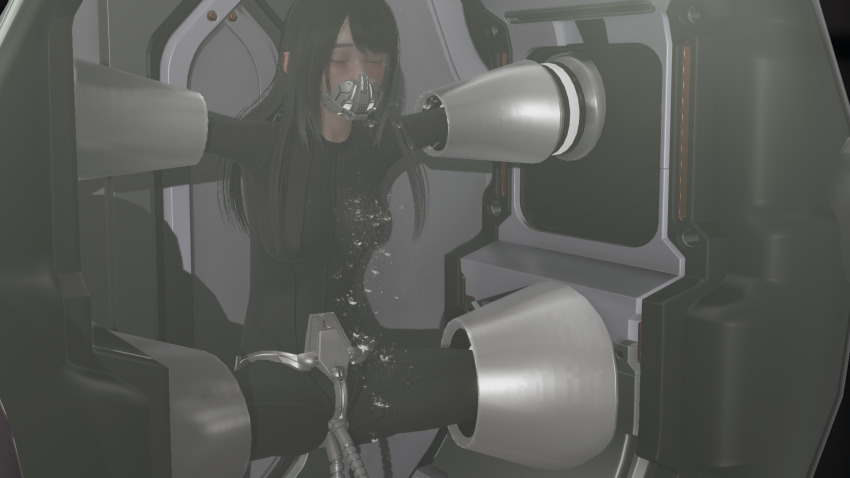 3d black_hair bodysuit closed_eyes corruption erect_nipples_under_clothes face_mask female_only femsub honey_select_2 large_breasts restrained rubber sex_machine sleeping solo spread_legs stasis_tank tech_control usir vaginal