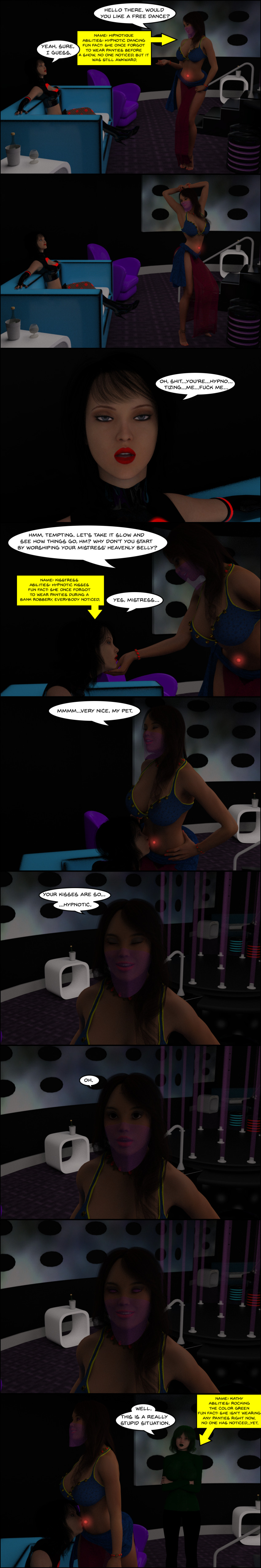 3d absurdres black_hair breasts comic dialogue female_only femsub fishnets hipnotique_(the4thsnake) humor hypnotic_dance hypnotic_kiss hypnotized_hypnotist jewelry kathy_(theheckle) kissing kisstress_(theheckle) large_breasts latex legs midriff miniskirt original short_skirt skirt spiral_eyes symbol_in_eyes text theheckle