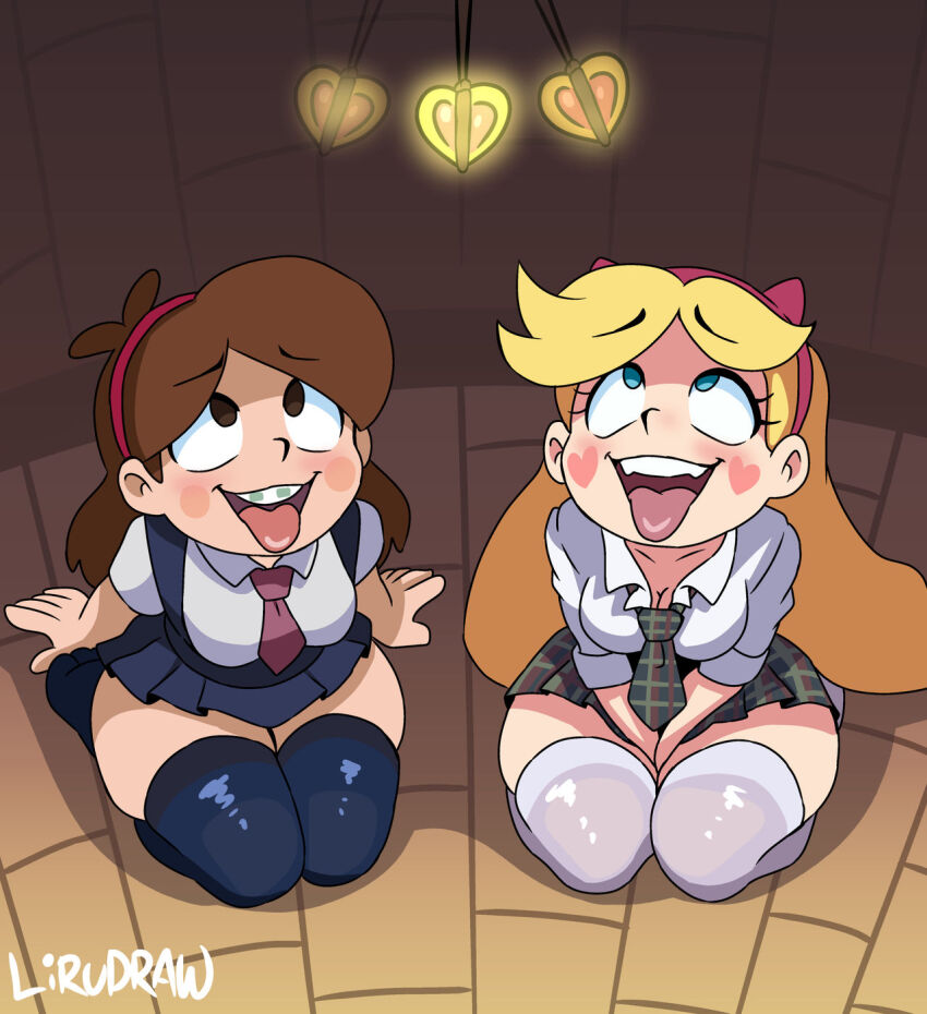 ahegao blonde_hair blue_eyes braces brown_eyes brown_hair dead_source disney empty_eyes eyebrows_visible_through_hair gravity_falls hair_band jacket kneeling lirudraw mabel_pines pendulum school_uniform shirt signature star_butterfly star_vs_the_forces_of_evil thighhighs tie tongue tongue_out