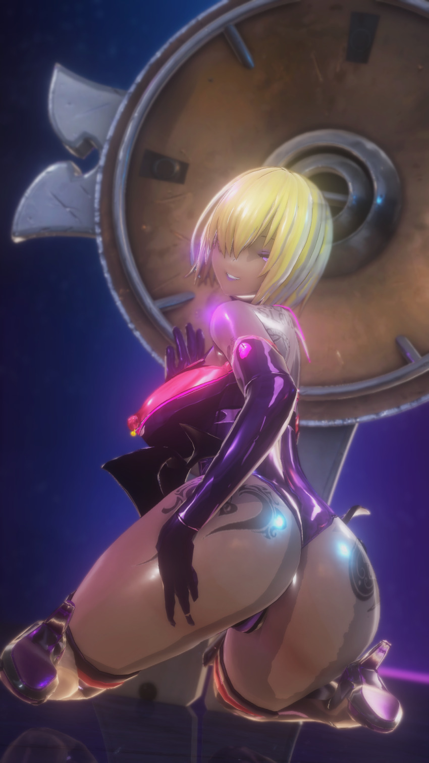 3d alternate_costume armor ass bare_shoulders before_and_after blonde_hair breast_expansion breasts choker clothed_exposure corruption dark_skin english_text evil_smile fate/grand_order fate_(series) female_only femsub gloves glowing hair_covering_one_eye huge_breasts kneeling koikatsu! large_ass looking_back mashu_kyrielight midriff navel nipples opera_gloves pink_eyes posing reflection see-through shield simple_background smile solo taihou1944 tattoo text thighhighs thighs transformation