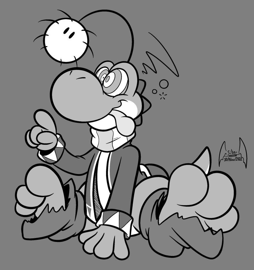 absurdres clothed dazed fuzzy_(yoshi's_island) greyscale happy_trance male_only malesub monochrome nintendo non-human_feet ring_eyes shirt signature silverdragon simple_background sitting smile solo super_mario_bros. tongue tongue_out torn_clothes yoshi yoshification