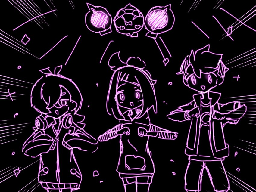 black_background chicken_pose dancing dot_(pokemon) femsub hair_clips hakuriki_yrmn happy_trance headphones liko_(pokemon) malesub mochi_dance multiple_girls multiple_subs nintendo open_mouth pecharunt pokemon pokemon_(anime) roy_(pokemon) short_hair simple_background smile