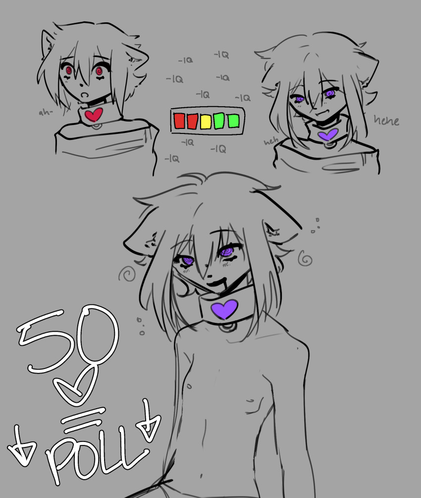 before_and_after brain_drain cat_boy cat_ears collar collarbone drool happy_trance hypnotic_accessory laughing male_only malesub matraki nipples open_mouth original progress_indicator purple_eyes red_eyes sequence short_hair smile spiral spiral_eyes tech_control text topless