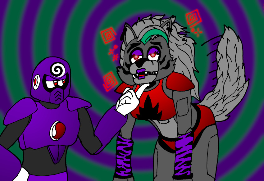 arm_warmers bare_legs chin_hold clothed crop_top earrings electricity expressionless eyeshadow femsub five_nights_at_freddy's five_nights_at_freddy's:_security_breach furry glowing_eyes green_hair grey_hair grey_skin hand_on_hip heavy_eyelids hypnoman_(silver) leaning_forward lipstick long_hair makeup maledom navel original piercing purple_lipstick purple_skin red_eyes robot robot_girl roxanne_wolf sharp_teeth short_shorts silver simple_background slouching sparkle spiral spiral_background standing tail very_long_hair white_hair wolf_girl