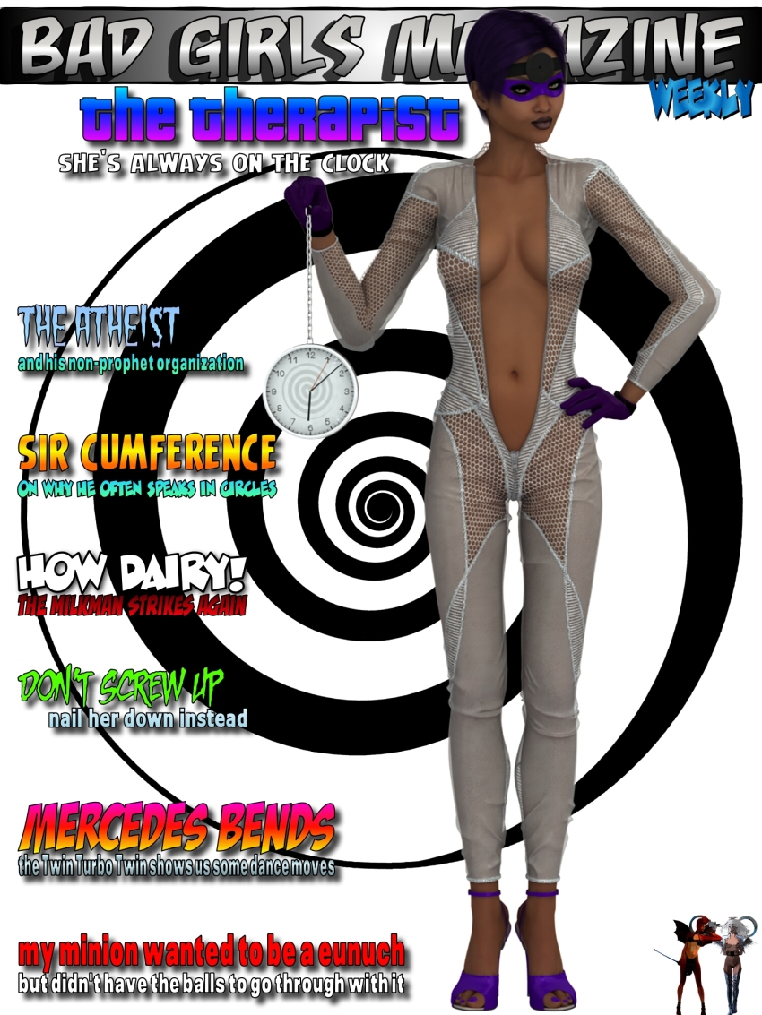 bodysuit character_profile cleavage clock english_text eye_mask female_only femdom fishnets gloves lipstick looking_at_viewer nail_polish navel original pendulum purple_hair renderpretender sandals short_hair solo spiral_background standing text the_therapist yellow_eyes