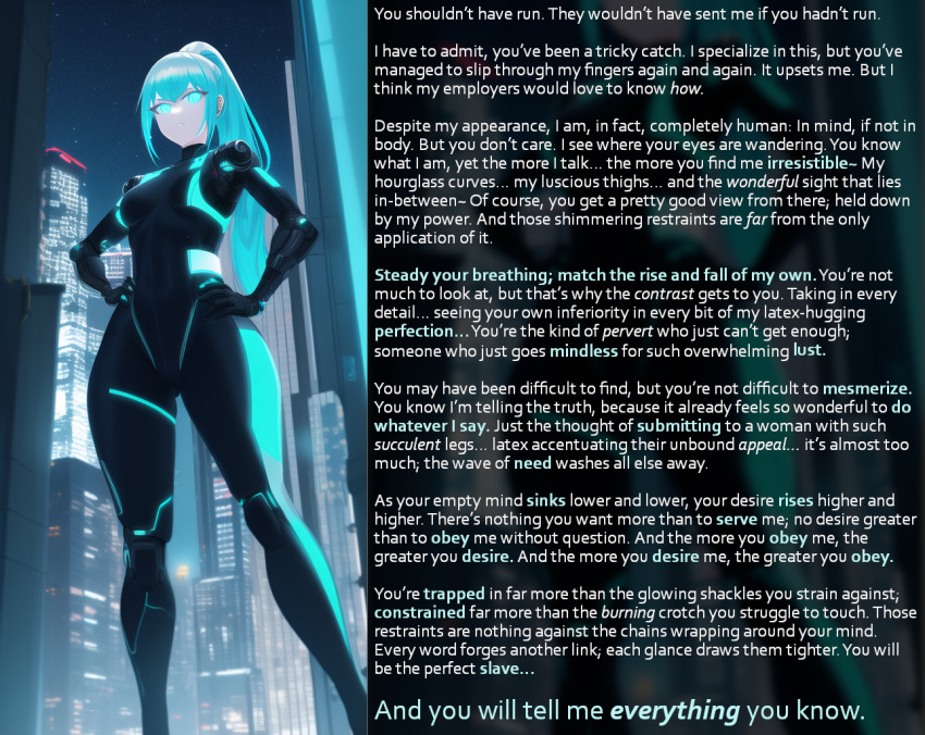 ai_art bangs blue_eyes blue_hair bodysuit breasts caption caption_only dialogue enemy_conversion english_text femdom glowing_eyes hand_on_hip hourglass_figure hypnotic_thighs jaaysiin_(manipper) kay_(jaaysiin) large_hips latex long_hair looking_at_viewer manip novelai_(ai) ponytail pov pov_sub psychic small_breasts telepathy text thick_thighs thighs