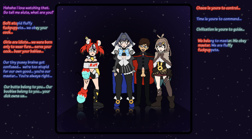 blue_hair brain_drain clothed dialogue femsub fur_coat hakos_baelz hololive hololive_english kronii_ouro maledom microchip multiple_girls mumei_nanashi open_clothes penis red_hair sexism unlikely virtual_youtuber